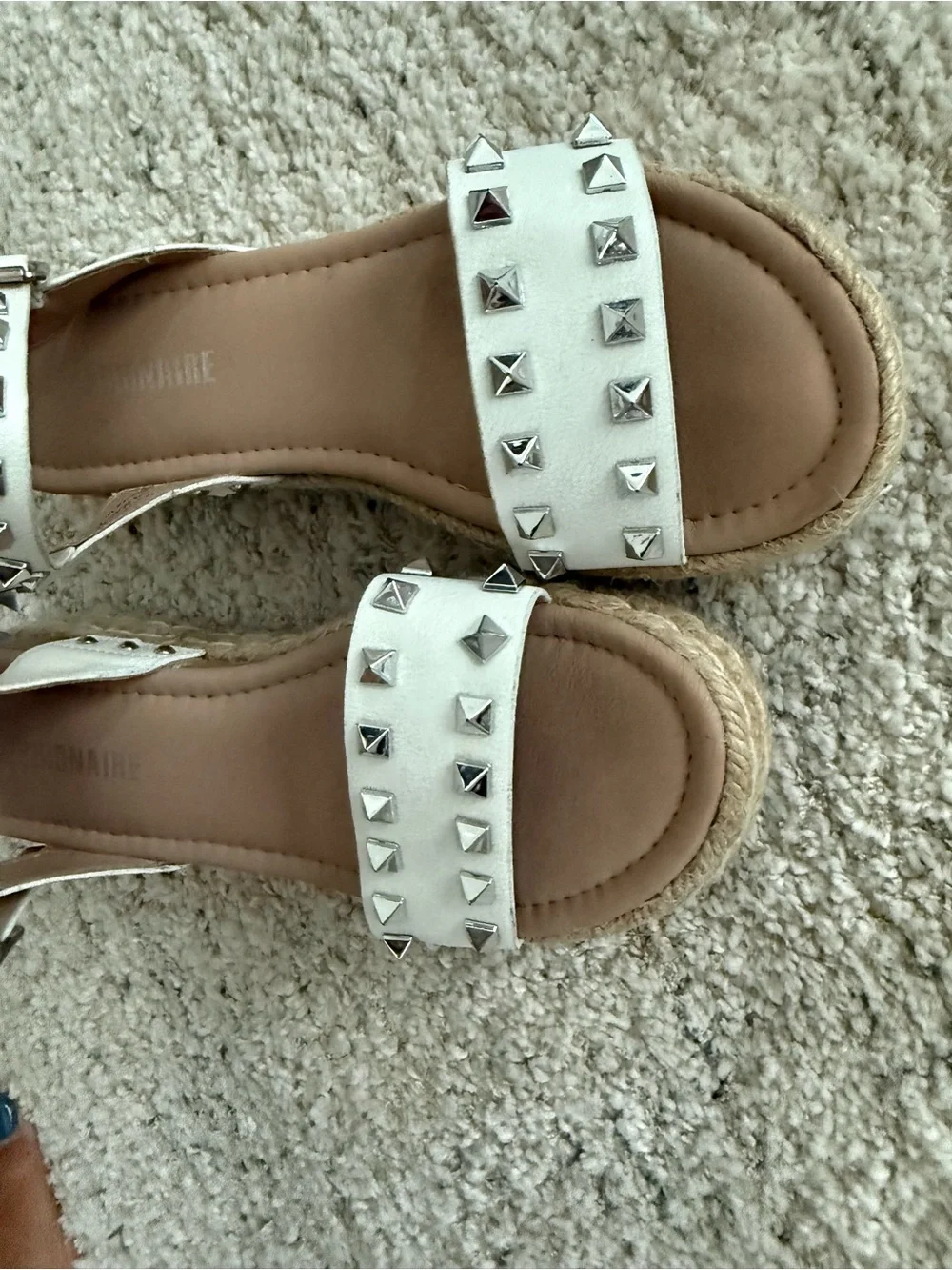 Silver-Studded White Espadrille Wedge Sandals